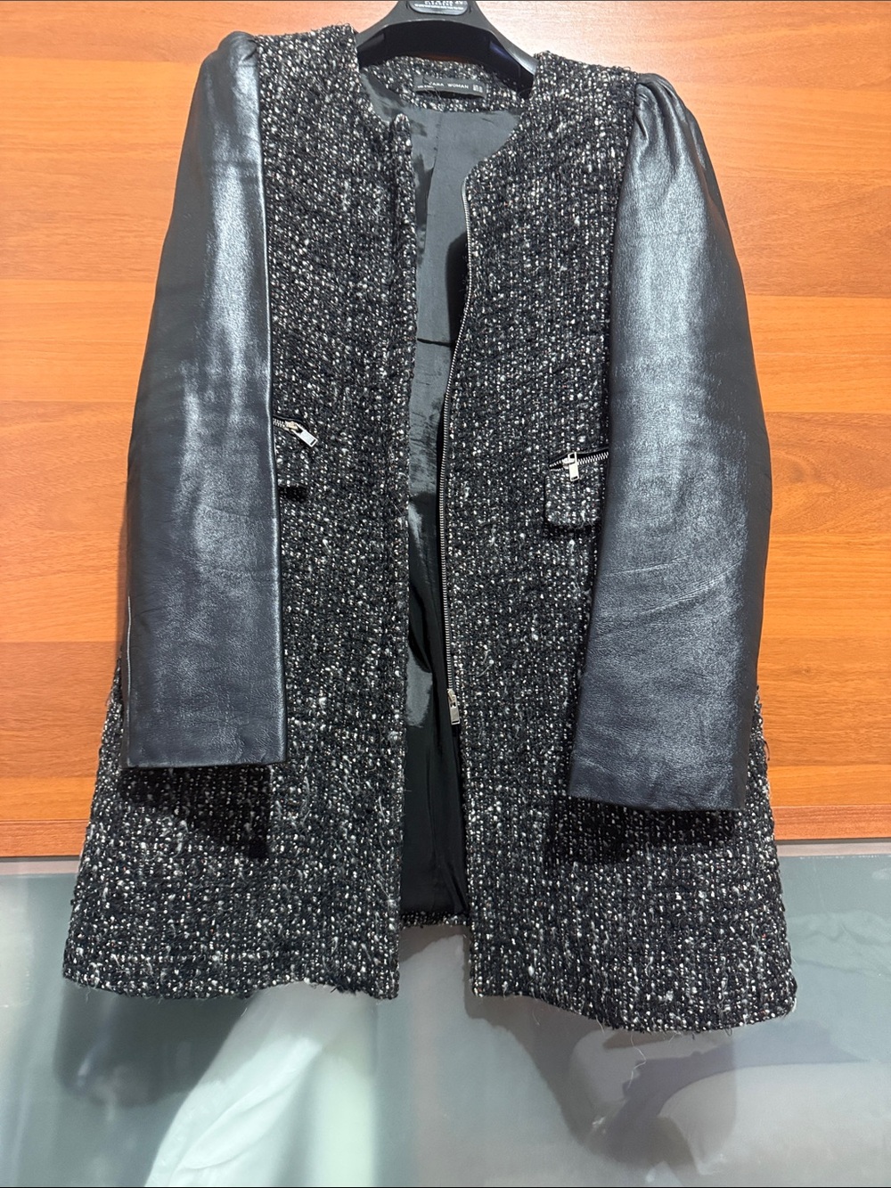 Zara Black Tweed Jacket with Black Faux Leather Sleeves